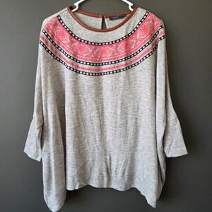 THML XS Womens Gray Embroidered Boho Dolman Sleeve Sweater Top Faux Leather Trim